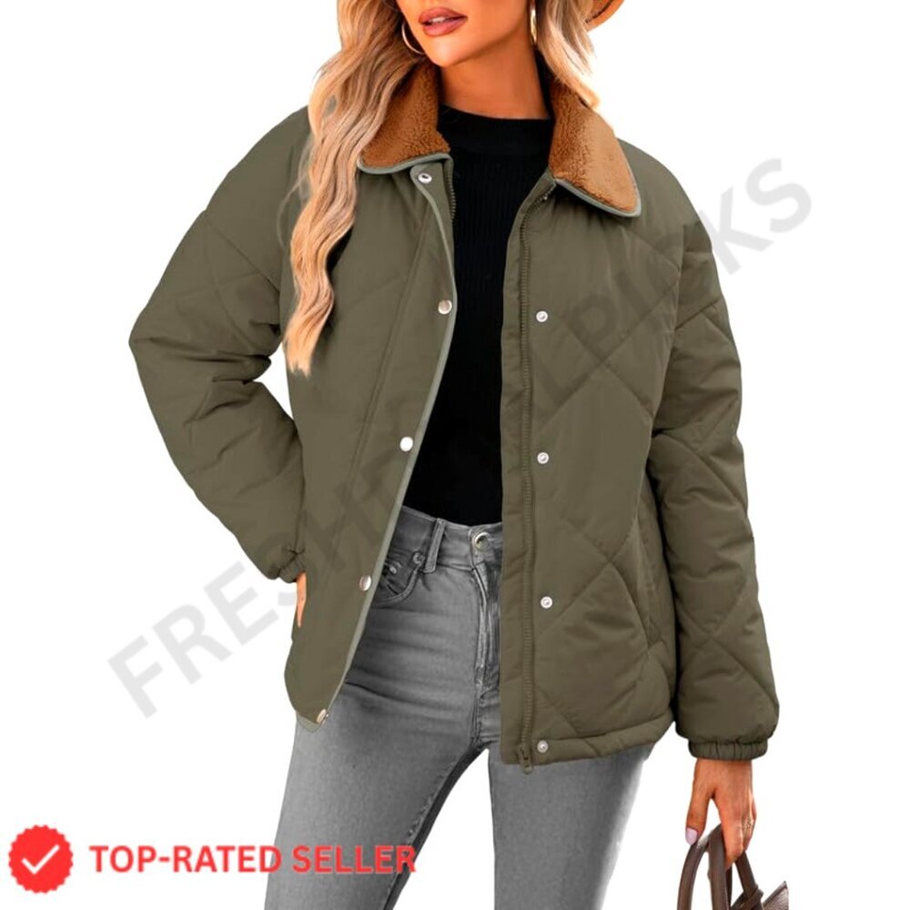 Quilted Puffer Jacket Oversized Casual Chic Winter Outerwear Cozy Snap Front